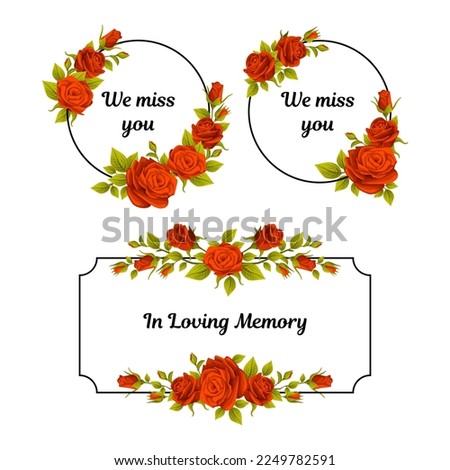 Funeral Red Rose Frame with We Miss You Quote and Inscription Vector Set