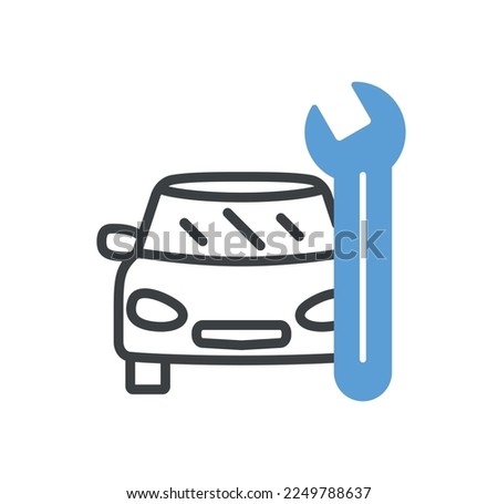 Car service doodle icon. Transport with wrench. Sticker for social networks and messengers. Vehicle repair symbol. Travel and trip. Logo for company and organization. Cartoon flat vector illustration