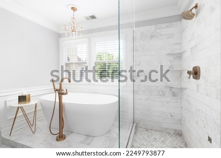 A bathroom's luxurious shower and bathtub. The standalone tub has a gold faucet and chandelier hanging above. The shower has subway and hexagon tiles. Royalty-Free Stock Photo #2249793877