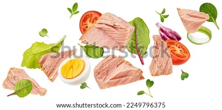 Falling tuna salad isolated on white background Royalty-Free Stock Photo #2249796375