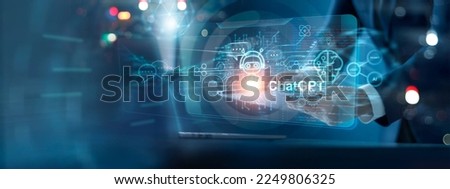 Chat GPT. Ai chat bot communicate and interact to businessman provide smart data in natural human like text.Artificial intelligence system assist human decision making best solution to accomplish task Royalty-Free Stock Photo #2249806325