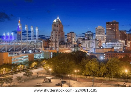 Cleveland, Ohio, USA downtown city skyline in evening.
