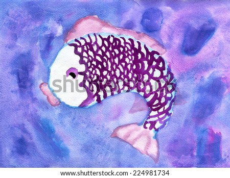 Child's Drawing of Purple Fish Underwater, Watercolor