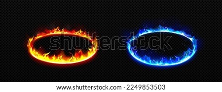 Round frames with fire. Burning rings with flame, glow effect and sparkles. Yellow and blue fiery platforms in perspective view isolated on transparent background, vector realistic set