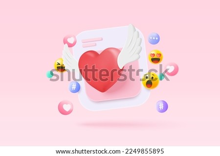 3D social media online platform concept, online social communication on applications, Photo frame with heart and love emoji icon, like and play in red bubble icons. 3d heart vector render concept Royalty-Free Stock Photo #2249855895
