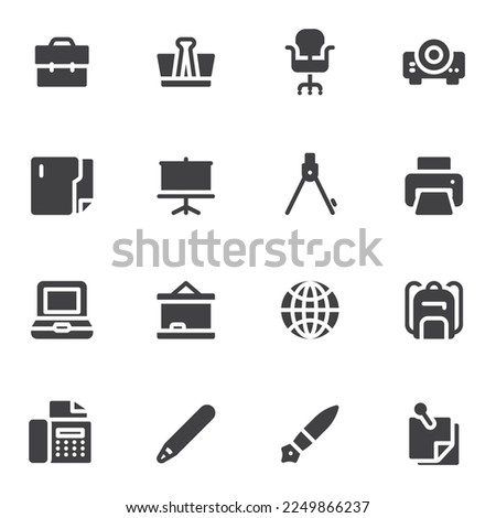 Office supplies vector icons set, modern solid symbol collection, filled style pictogram pack. Signs, logo illustration. Set includes icons as office chair, laptop computer, file folder, suitcase