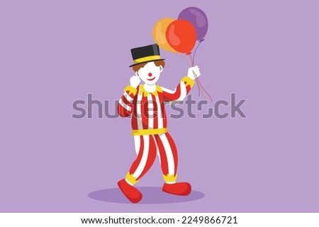 Character flat drawing of happy clown standing and holding balloons with celebrate gesture, wearing hat and clown costume ready to entertain audience in circus show. Cartoon design vector illustration