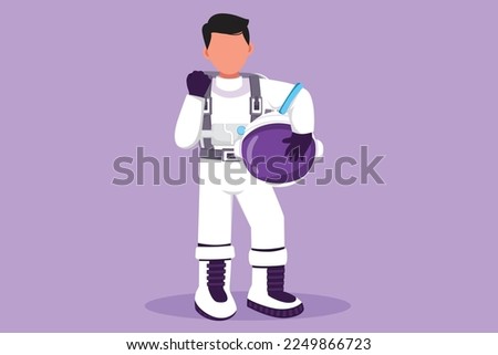 Cartoon flat style drawing astronaut standing with celebrate gesture wear spacesuit exploring earth, moon, other planet in universe. Spaceman start space expedition. Graphic design vector illustration