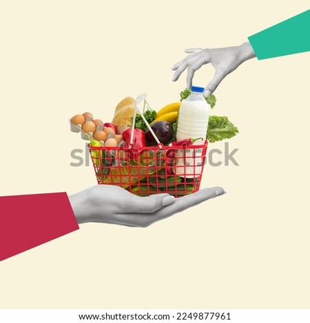 Contemporary art collage of hand holding shopping basket with groceries. Go shopping concept. Modern design. Copy space for ad.
 Royalty-Free Stock Photo #2249877961