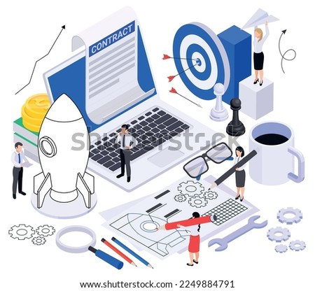 Business growth strategy isometric composition with workplace elements laptop papers with gear tools target and people vector illustration