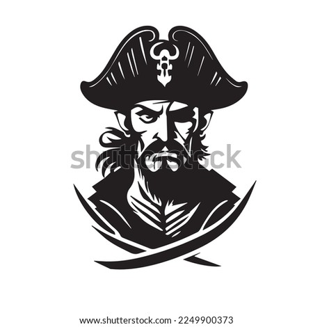 Pirate head minimal modern icon. Simple black and white vector illustration of angry captain. Ship commandant. Logo design for bar or alcohol. Rum business identity. Mascot for adventure or sport team
