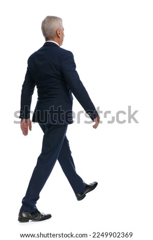 full body picture and rear view of an old businessman walking on his path