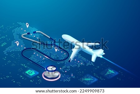 concept of medical tourism, graphic of airplane and stethoscope with medical elements presented in isometric