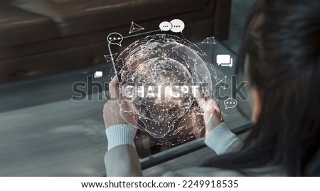 System Artificial intelligence chatbot , Business woman using Smartphone With ChatGPT Chat Bot AI , Technology smart robot Ai Chat GPT application software , robot application Chat GPT Royalty-Free Stock Photo #2249918535