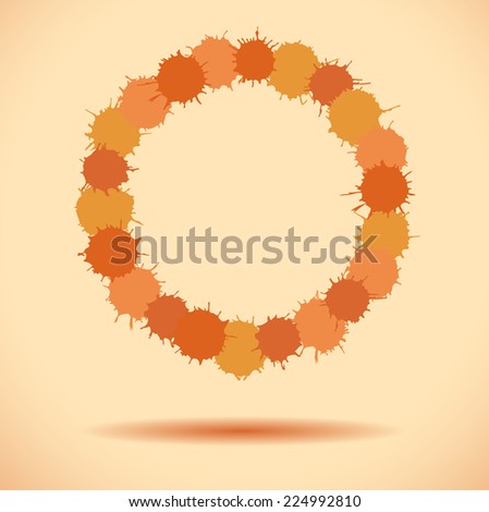 Orange round made of ink splashes with drop shadow. Vector illustration