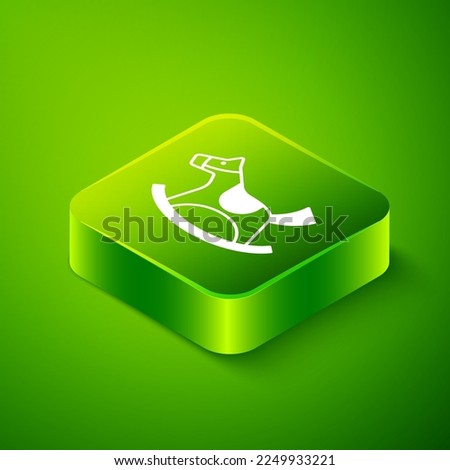 Isometric Wooden horse in saddle swing for little children icon isolated on green background. Green square button. Vector