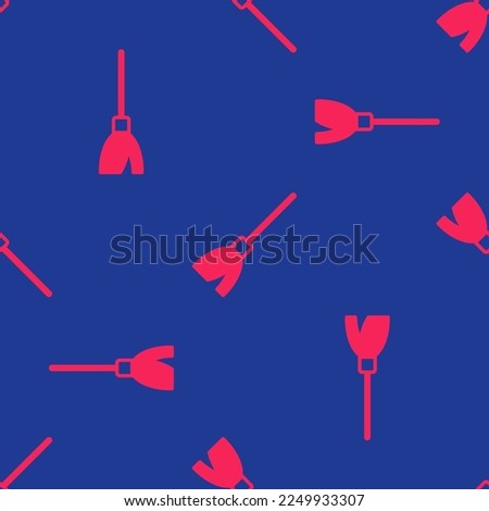 Red Handle broom icon isolated seamless pattern on blue background. Cleaning service concept.  Vector
