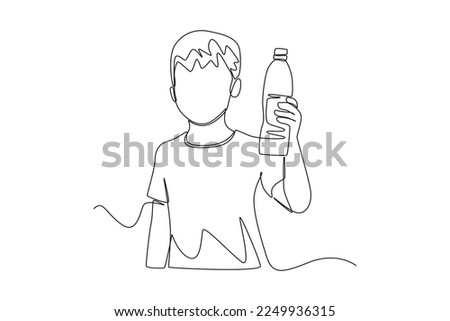 Single one line drawing happy boy holding bottle of water. World water day Concept. Continuous line draw design graphic vector illustration.