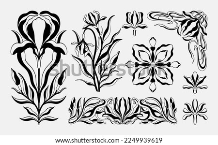 Floral iris set in art nouveau 1920-1930. Hand drawn in a linear style with weaves of lines, leaves and flowers. Vector illustration. Royalty-Free Stock Photo #2249939619