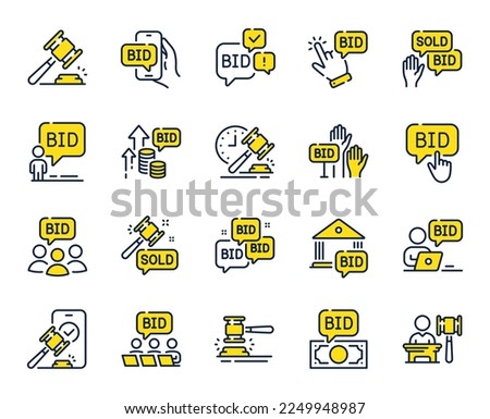 Auction line icons. Deal hammer, bid offer and law justice act set. Judge gawel, vote hand and bid price line icons. Win a lot, online auction and act hammer. Stock exchange deal. Vector Royalty-Free Stock Photo #2249948987
