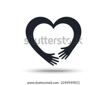 Hugging arms in shape of heart icon. Hands hugged or care hug background. Embrace of friendship. Volunteer care symbol, friends relationship. Hug day icon. Silhouette of people hands. Vector Royalty-Free Stock Photo #2249949011