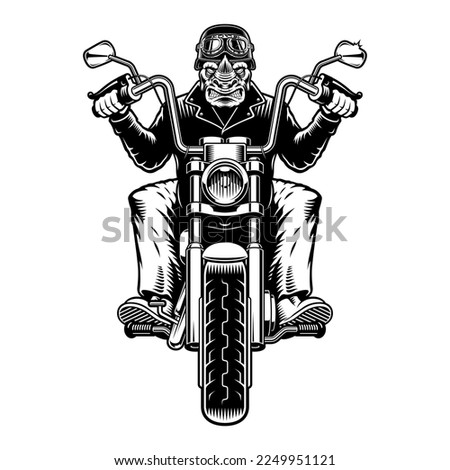 Black and white vector illustraion of a rhino biker on a motorcycle