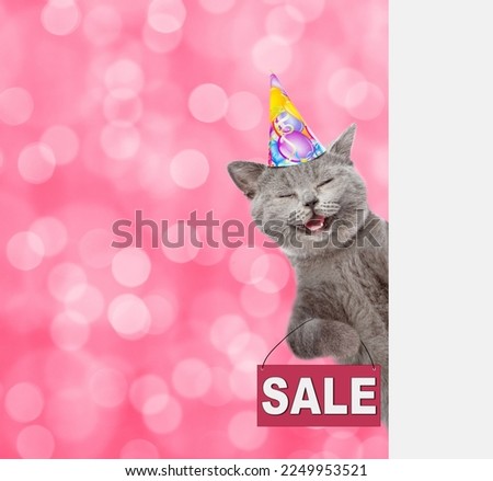 Happy cat wearing a birthday cap shows signboard with labeled "sale" and looks from  behind empty white banner.  Shade trendy color of the year 2023 - Viva Magenta background. Empty space for text