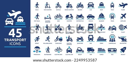 Transport icon set. Containing car, bike, plane, train, bicycle, motorbike, bus and scooter icons. Solid icon collection. Royalty-Free Stock Photo #2249953587