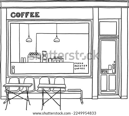 Cafe Front shop Table and seats Restaurant window Small Business Hand drawn line art illustration Royalty-Free Stock Photo #2249954833