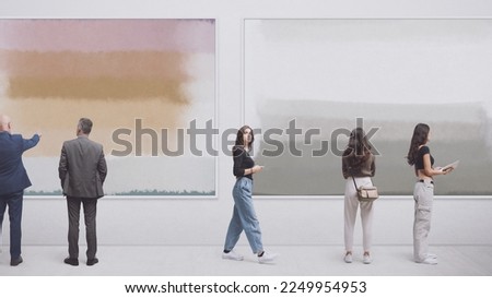 People in the art gallery looking at paintings, abstract contemporary art concept Royalty-Free Stock Photo #2249954953