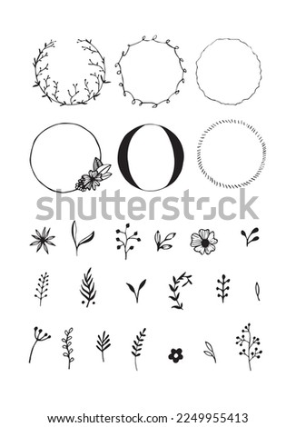 Botanical circle frame. Hand drawn round line border, leaves and flowers, wedding invitation and cards, logo design and posters template. Elegant vector illustration