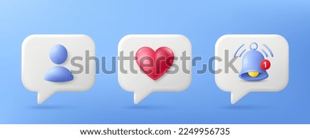 Social media notification 3d icons. Like, friend request and reminder speech bubble. Chat message notification alert, friend profile page and love emotion. 3d like chat bubble. Vector illustration Royalty-Free Stock Photo #2249956735