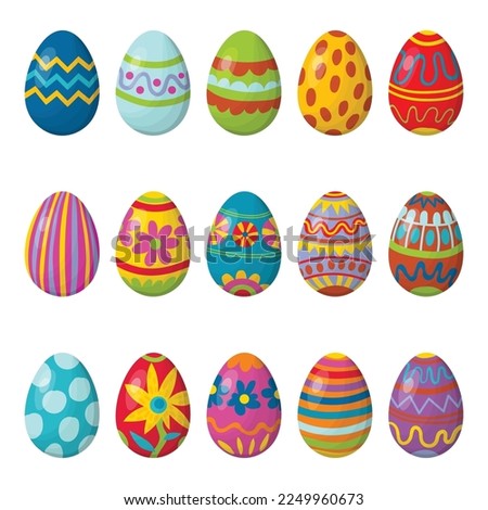 Cute collection of cartoon ornamental Happy Easter eggs isolated on white background. Clip art set of spring holiday treat. Eggs with zig zag lines, dots, striped, with flowers, polka dot.