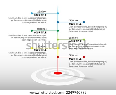 Colour line hit to dartboard with sample infographic. target timeline. Business success data chart, investment goal, marketing challenge, strategy presentation, achievement diagram. vector template. Royalty-Free Stock Photo #2249960993