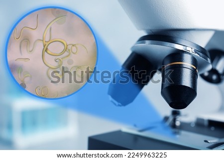 Microscope in laboratory, closeup. Zoomed view on parasitic worms Royalty-Free Stock Photo #2249963225