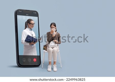 Online doctor taking care of a patient with cold and flu on video call, telemedicine concept Royalty-Free Stock Photo #2249963825