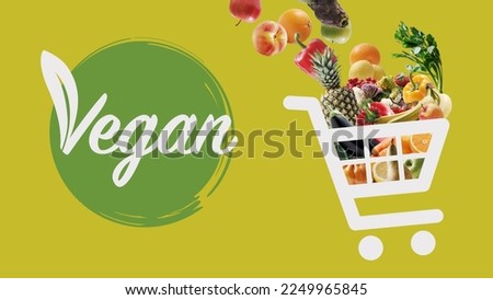 Vegan food online grocery shopping: shopping cart icon full of vegetables and fruits