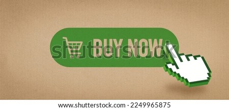Online grocery and delivery service: pointer clicking on a buy now button and recycled paper background Royalty-Free Stock Photo #2249965875