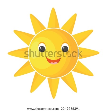 Cute cartoon happy sun with face isolated on white background. Summer shadowed clip art sunshine icon in kid's style. Sunny weather symbol.