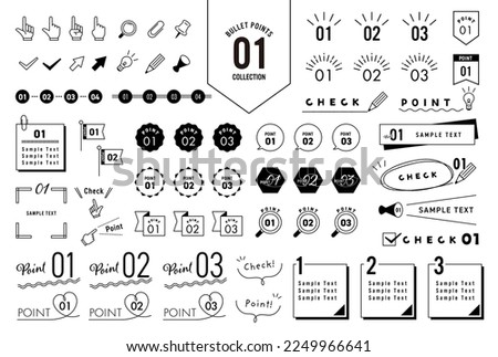 Number bullet point set. This illustration includes arrows, ornaments, frames, ribbons and lots of simple design elements. Monochrome version Royalty-Free Stock Photo #2249966641
