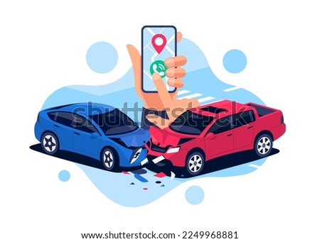 Car crash with urgent phone call. Smartphone in hand calling police help, insurance company. Two damaged vehicles in traffic accident collision on road, crossroad, street. Head-on hit. Isolated vector Royalty-Free Stock Photo #2249968881