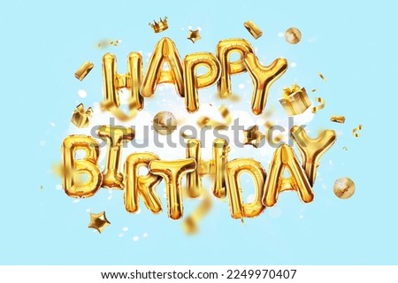 Golden happy birthday balloons are flying on a blue background with golden confetti, diamonds, gifts and gold crown. Congratulations for a man, creative idea. Luxury B-Day card