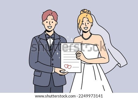 Smiling bride and groom holding marriage certificate excited about starting family. Happy couple in bridal dress and suit on wedding day. Vector illustration.  Royalty-Free Stock Photo #2249973141