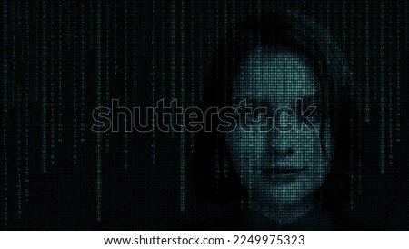 Female face with matrix digital numbers artifical intelligence AI theme with human face. The concept of artificial intelligence. dark background with computer binary code and hidden face watching Royalty-Free Stock Photo #2249975323