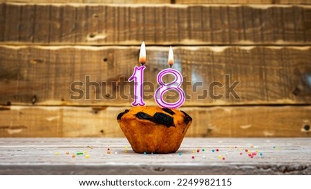 Muffin with candle burning background for anniversary. Greeting card for the holiday. Happy birthday background minimalist copy space 18