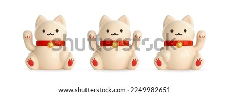 3d beckoning maneki neko. Set of lucky cat icons with raised paws. Symbol of wealth, good luck, luck. Isolated element of Asian design. Cartoon vector illustration.