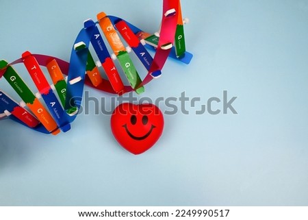 DNA helix structure and smiling heart. Temperament determined by genetics. Physical and Personality Traits from DNA. Health and medical educational concept Royalty-Free Stock Photo #2249990517