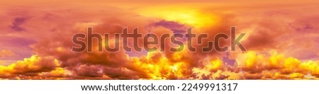 Dramatic sunset sky panorama with Cumulus clouds. Seamless hdr 360 pano in spherical equirectangular format. Complete zenith for 3D visualization, game and sky replacement for aerial drone panoramas Royalty-Free Stock Photo #2249991317