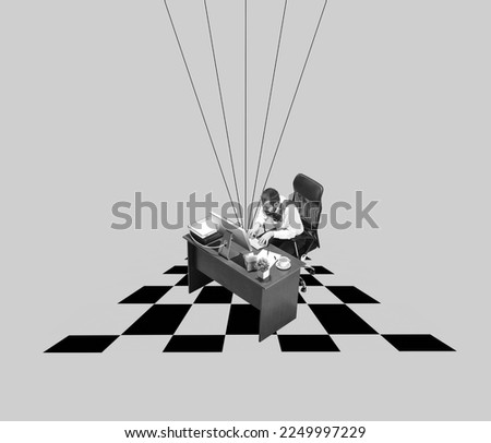 Contemporary art collage. Motivated employee sitting at table and working on projects. Deadline. Overworking. Surreal artwork. monochrome. Concept of business, extraordinary vision, ideas, abstraction Royalty-Free Stock Photo #2249997229
