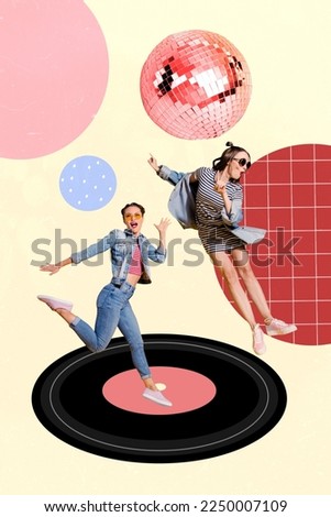 Vertical collage photo of young best friends girls dancing jumping excited stay vinyl retro plate disco ball shine isolated on drawing background Royalty-Free Stock Photo #2250007109